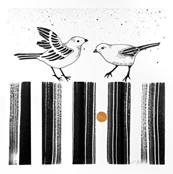 Uniikkeja muste- / akryylipiirroksia, AURINKO AIDAN VÄLISSÄ, kehystämättömiä, kuvakoko 17x17cm